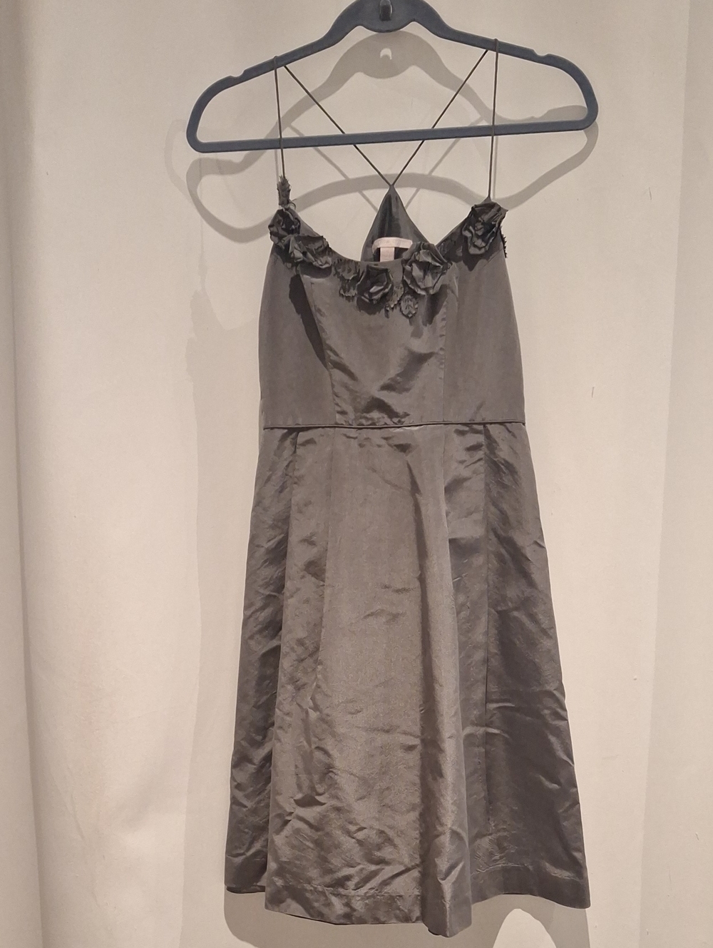 Rebecca Taylor Gray Silk Spaghetti Strap A-Line Dress with Floral Trim